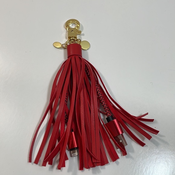 Red and gold tone metal tassel key ring holder with USB cord cable - Picture 3 of 4